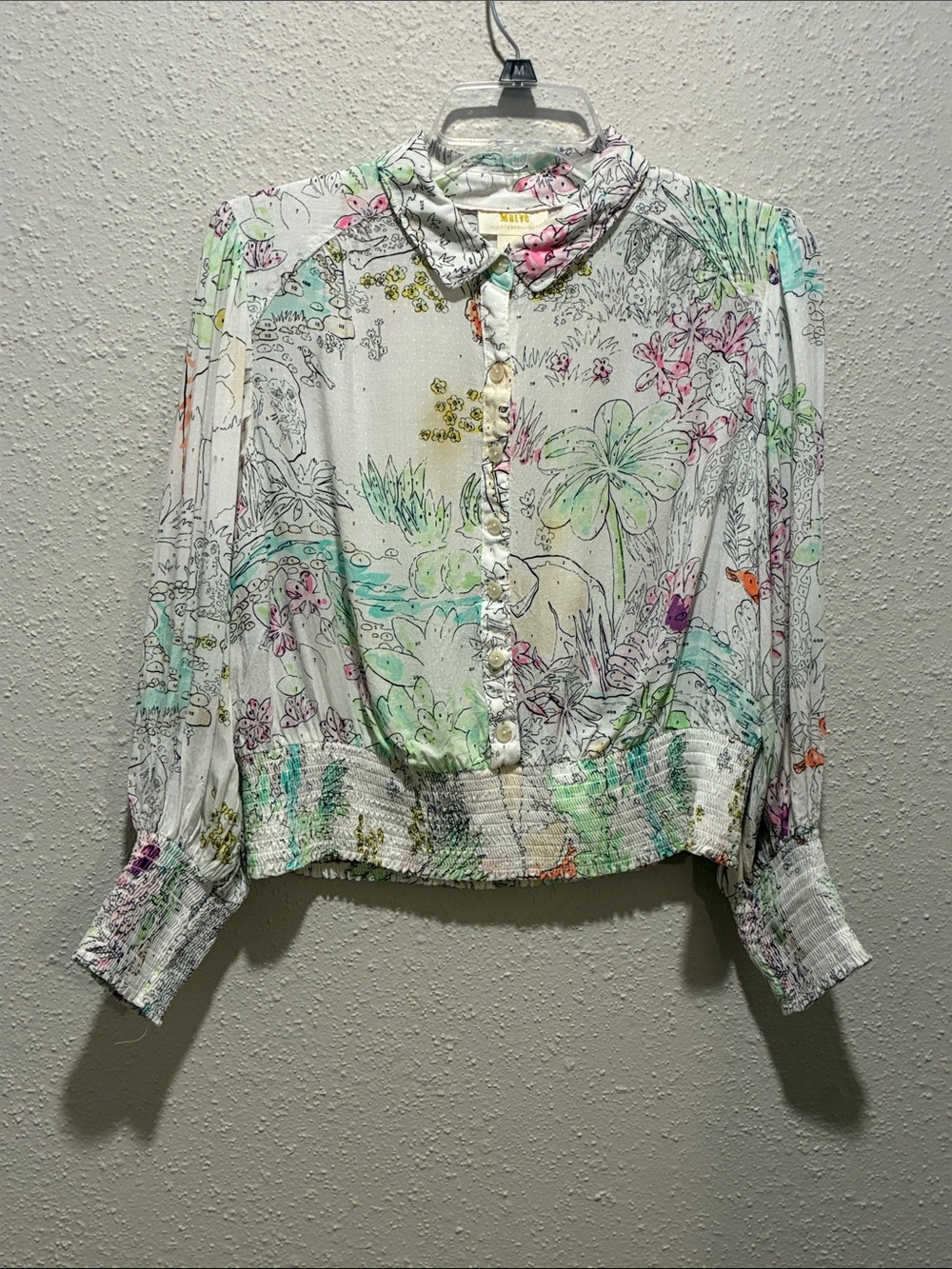 Anthropologie White Floral Cropped Button-Down Shirt